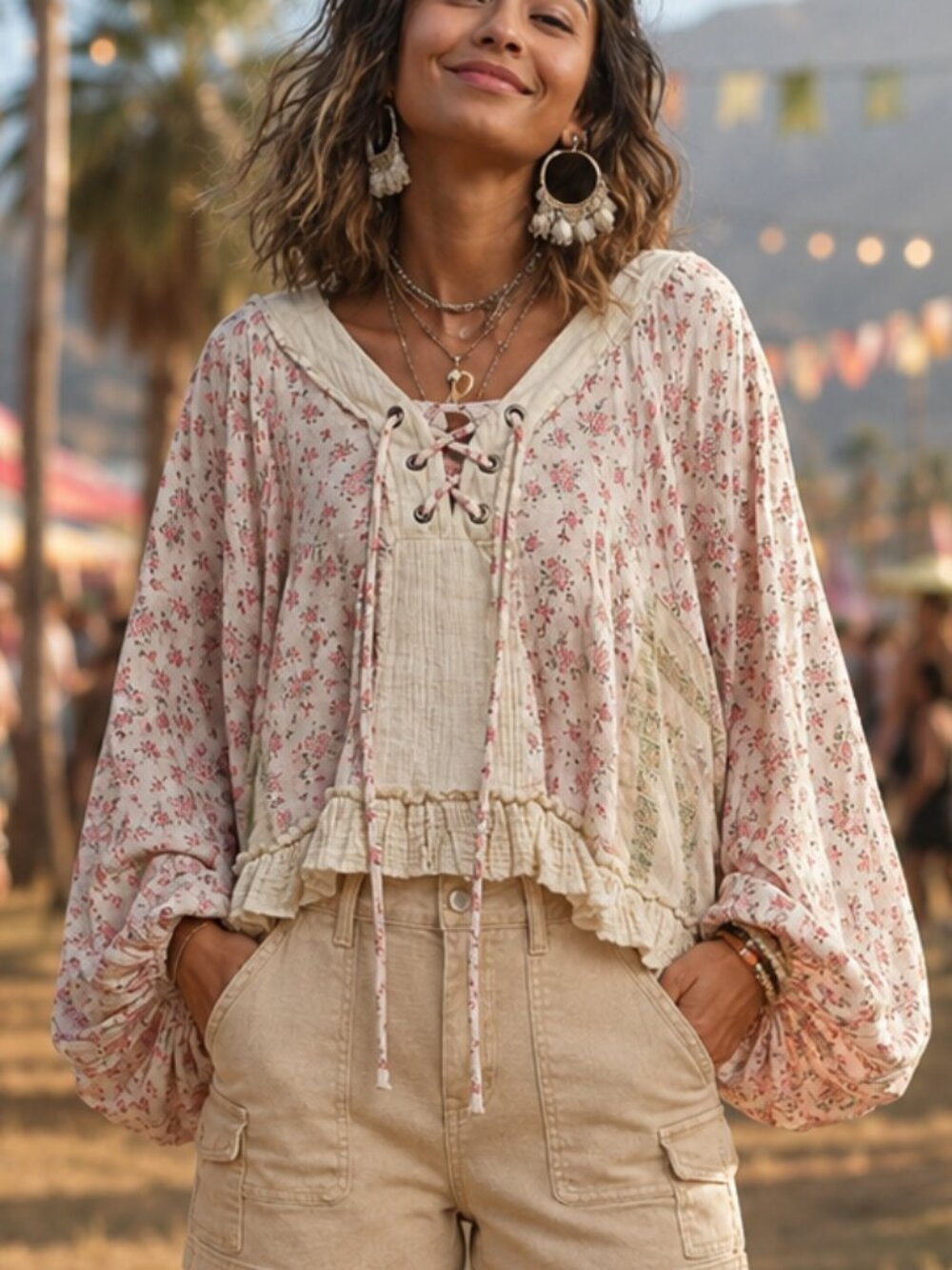 POL Billowy Balloon Ruffled Cotton Gauze Floral Lace Up Babydoll Cropped Top